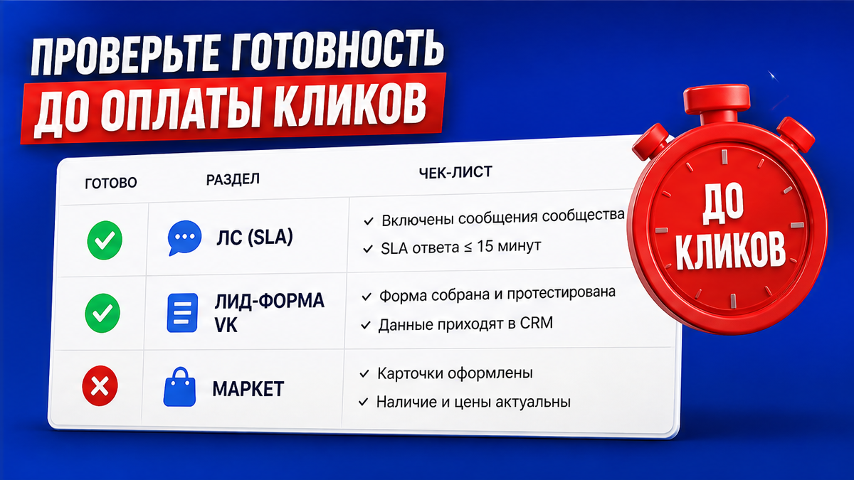 Чек-лист готовности личных сообщений, лид-формы и VK Маркета перед оплатой