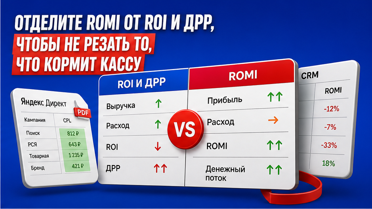 Сравнительная таблица / UI-мокап: Отделите ROMI от ROI и ДРР, чтобы не резать то, что кормит кассу