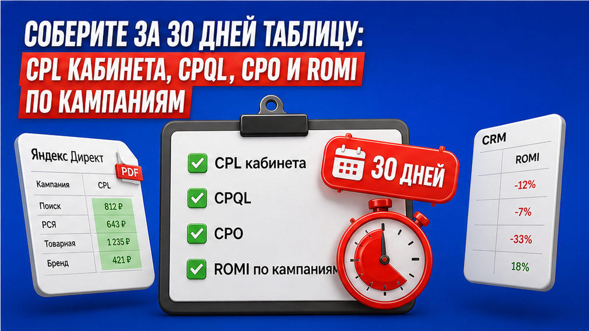 Чеклист / printable board: Соберите за 30 дней таблицу: CPL кабинета, CPQL, CPO и ROMI по кампаниям