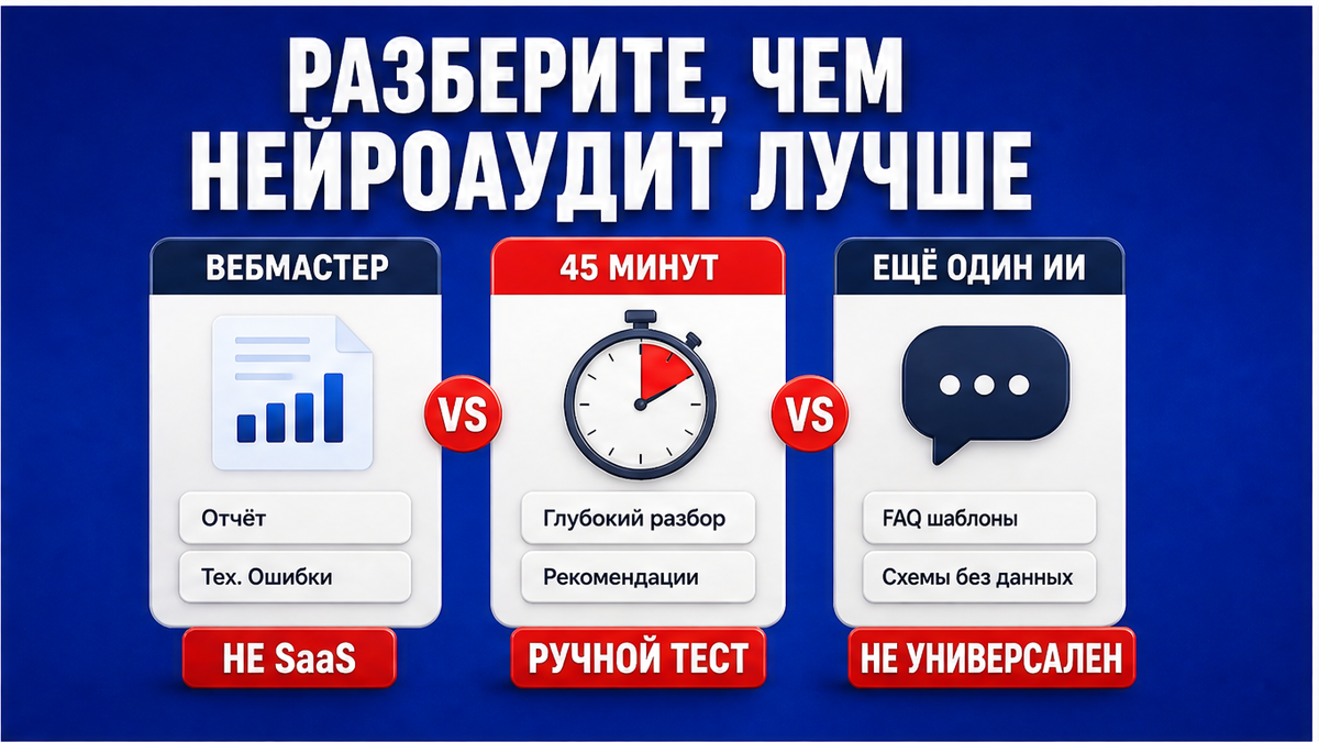 Сравнение нейроаудита с Вебмастером и чат-ИИ: FAQ и schema UI без SaaS