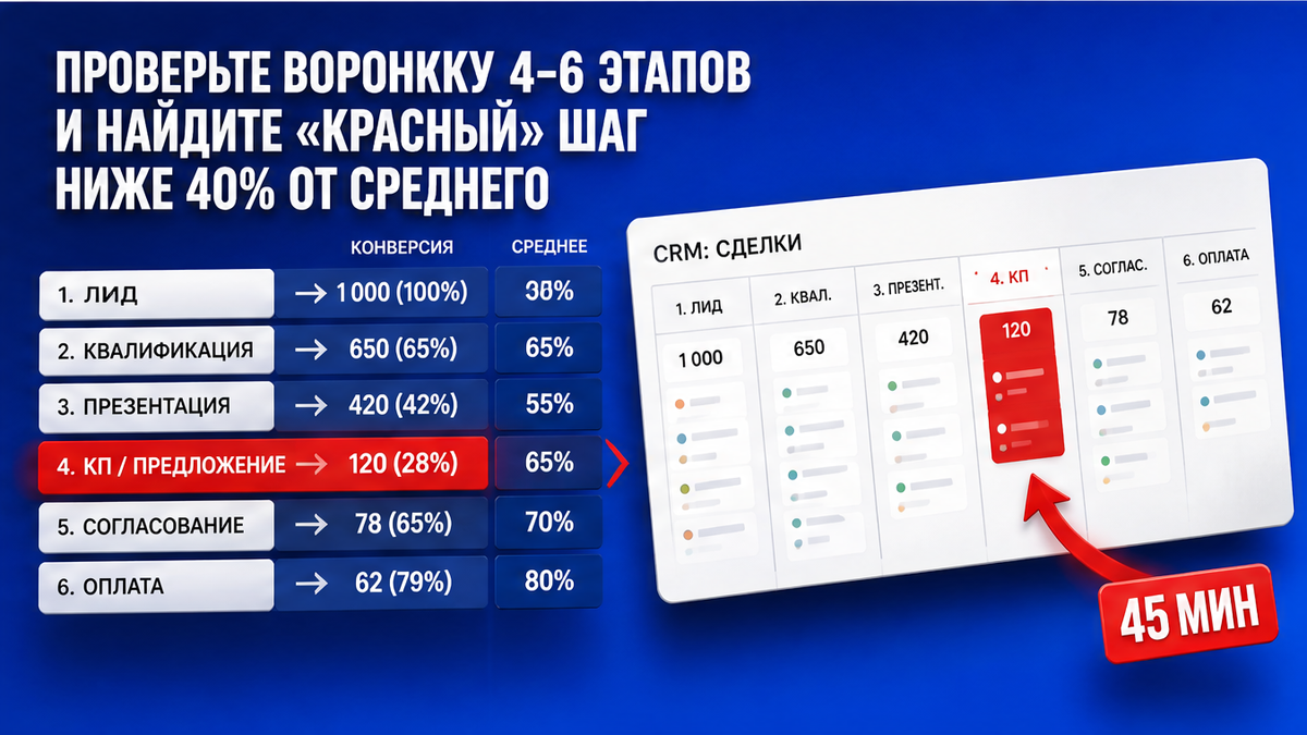 Схема воронки: красный этап ниже 40% от среднего