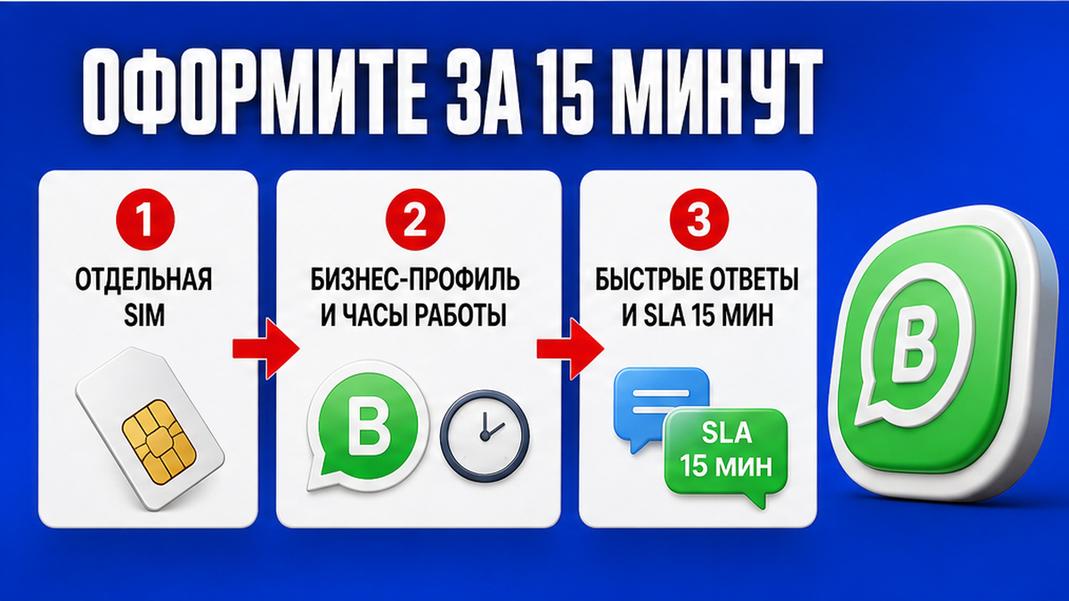 Шаги: отдельный номер, профиль WhatsApp Business, быстрые ответы за 15 минут
