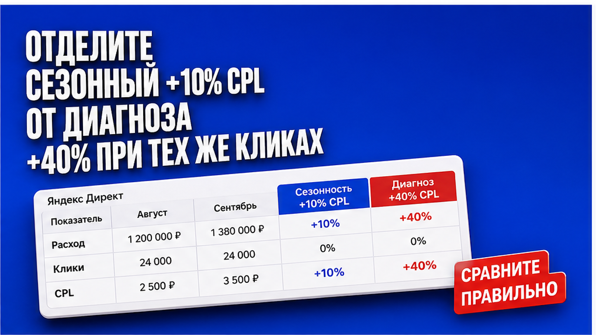 Сравнительная таблица / UI-мокап: Отделите сезонный +10% CPL от диагноза