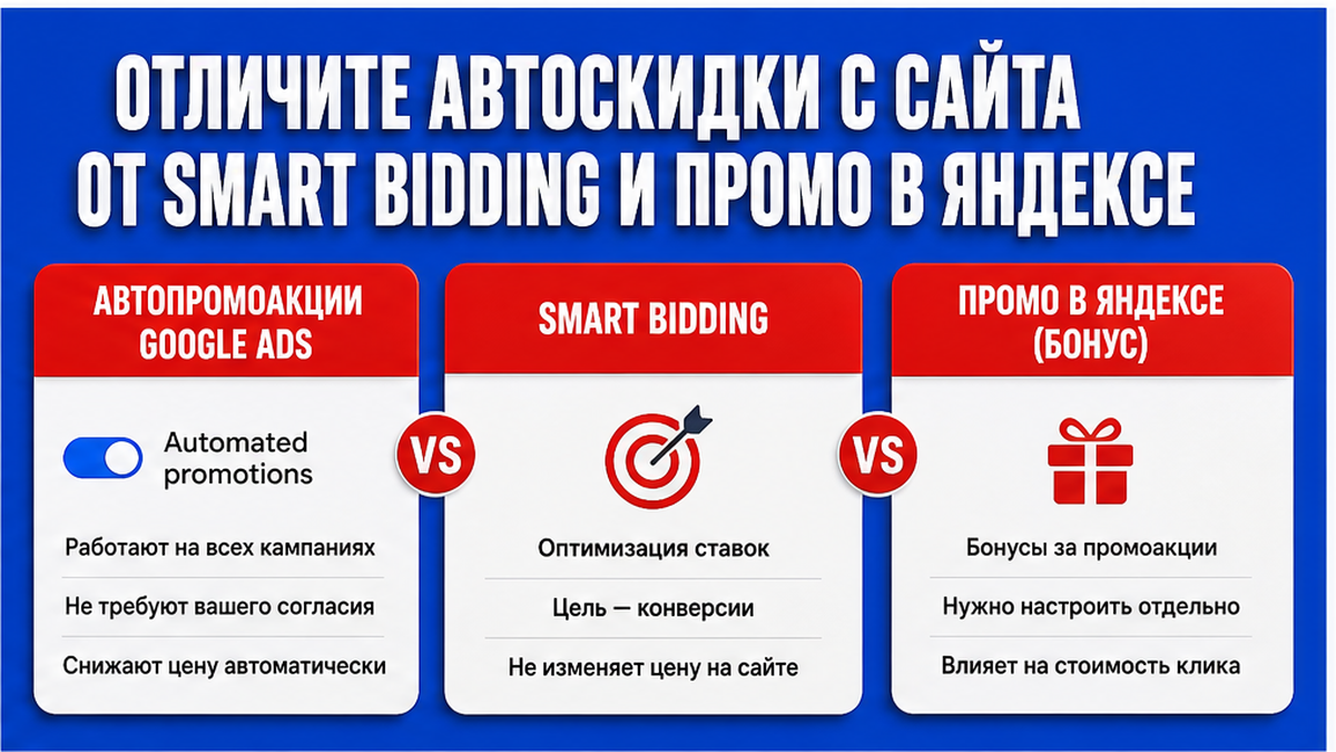 Сравнение: автоскидки Google, smart bidding и промо Яндекса — что меняется для клиента