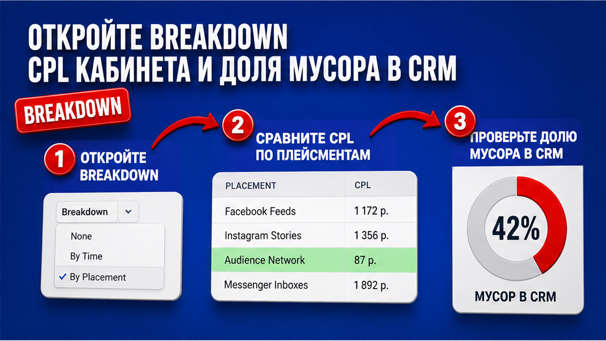 Схема: breakdown by placement, CPL кабинета и доля слабых лидов в CRM