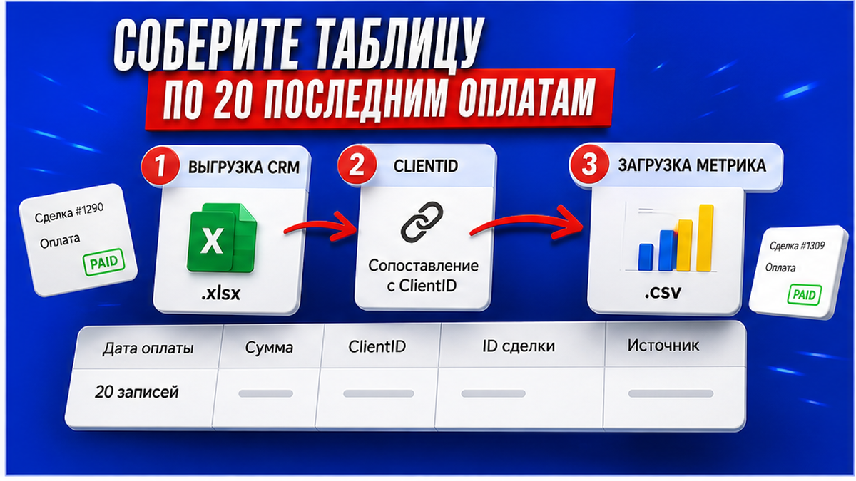 Схема шагов: таблица 20 последних оплат, ClientID и выгрузка в Метрику