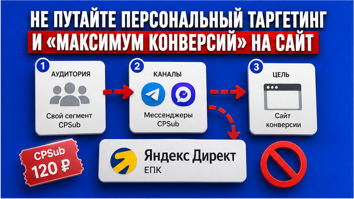 Схема: персональный таргетинг в мессенджерах отдельно от стратегии Максимум конверсий на сайт