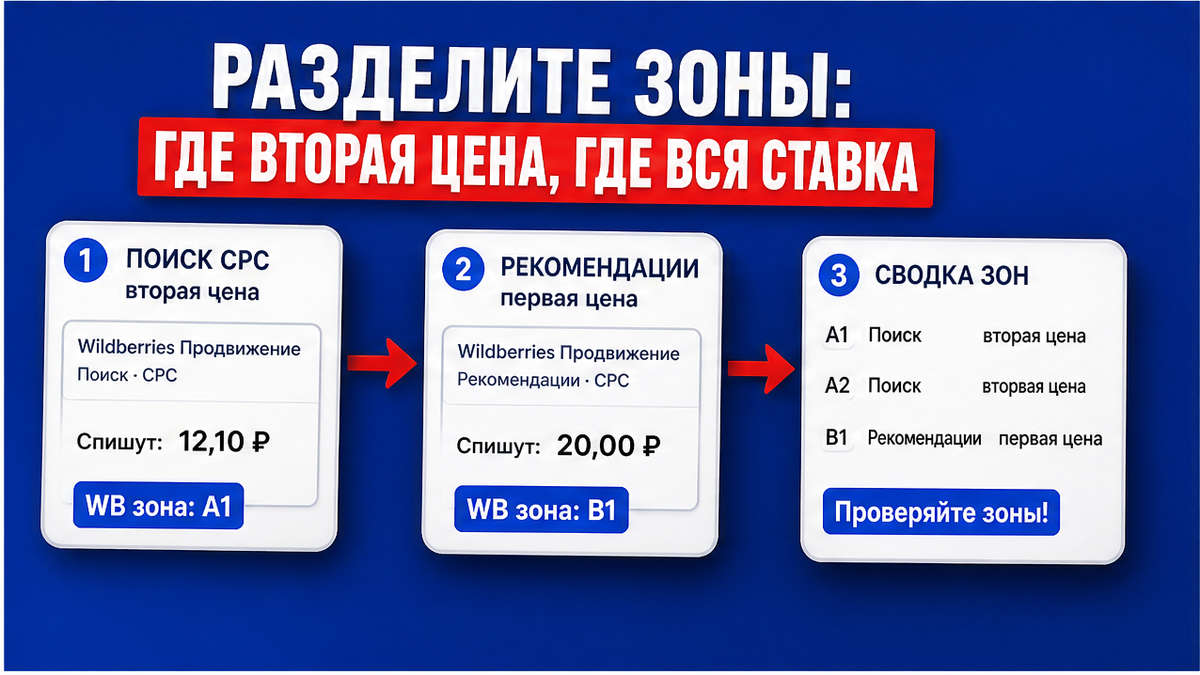 Схема зон WB: вторая цена в поиске и полная ставка в рекомендациях