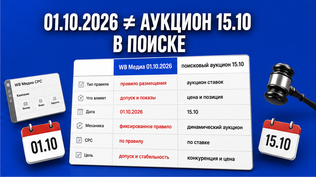 Таблица: правило WB Медиа 01.10.2026 и аукцион поиска 15.10 — не одно и то же